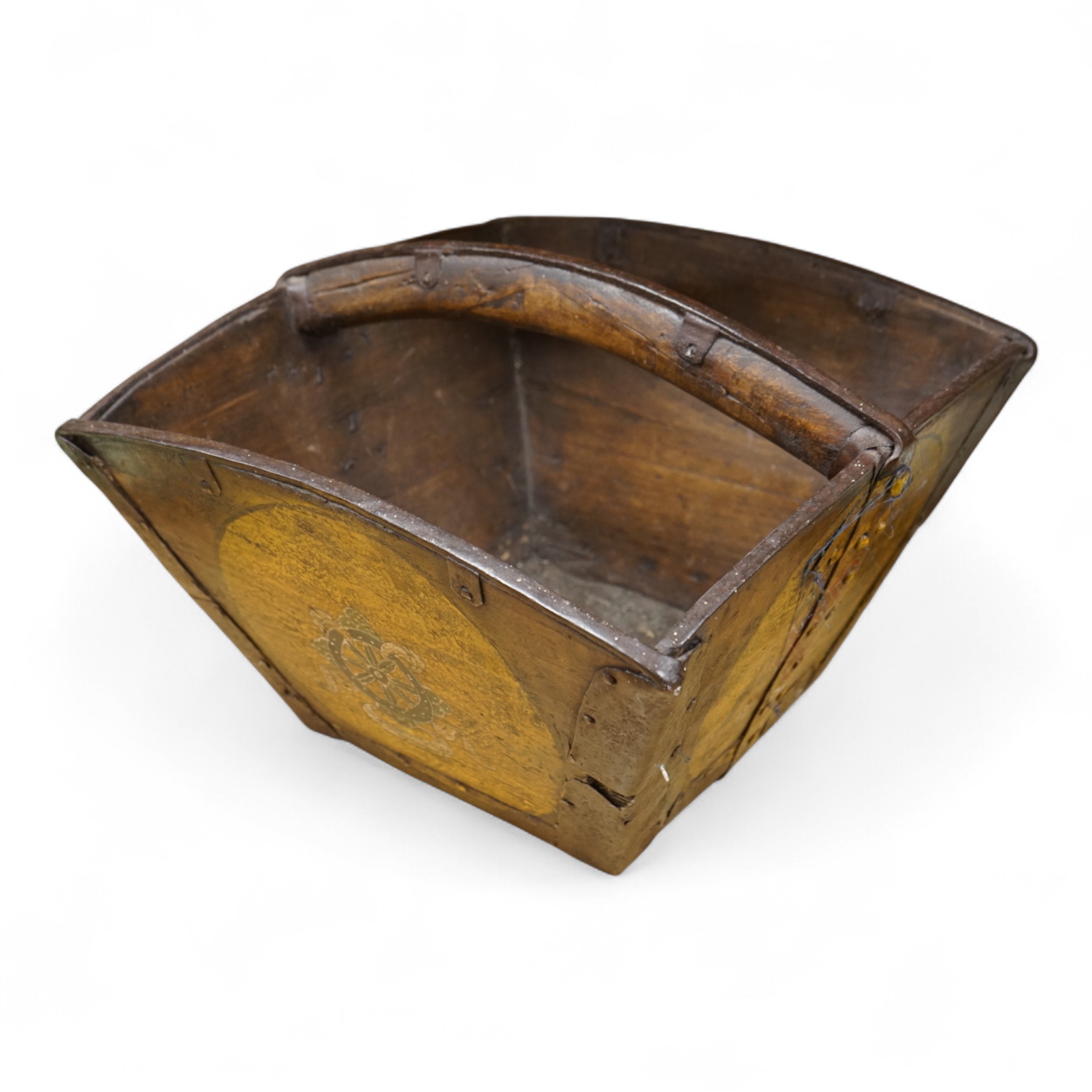 A 19th century Chinese hardwood painted rice carrier, 39cm square, 33cm high.